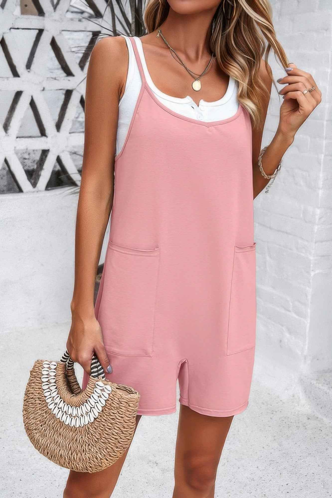Scoop Neck Spaghetti Straps Loose Fit Solid Romper