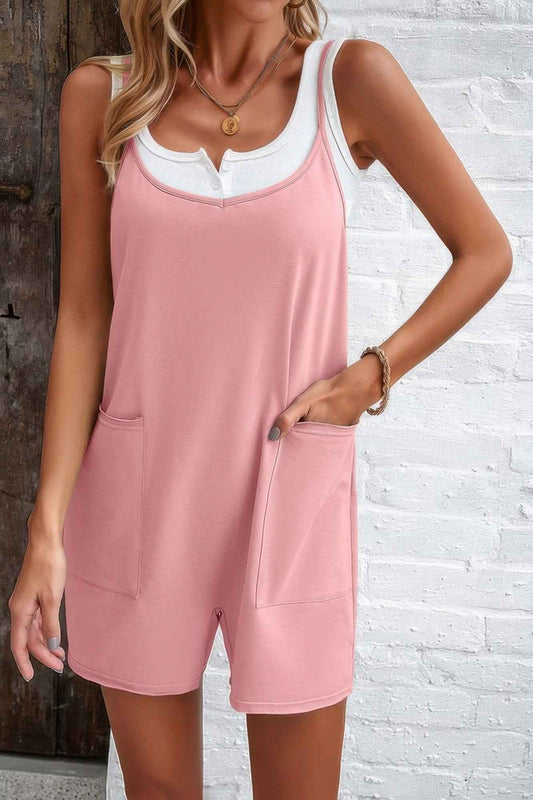 Scoop Neck Spaghetti Straps Loose Fit Solid Romper