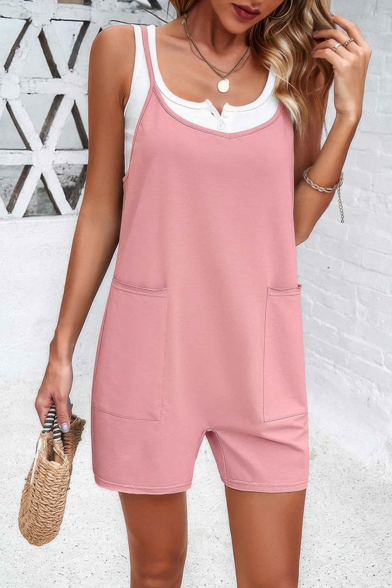 Scoop Neck Spaghetti Straps Loose Fit Solid Romper