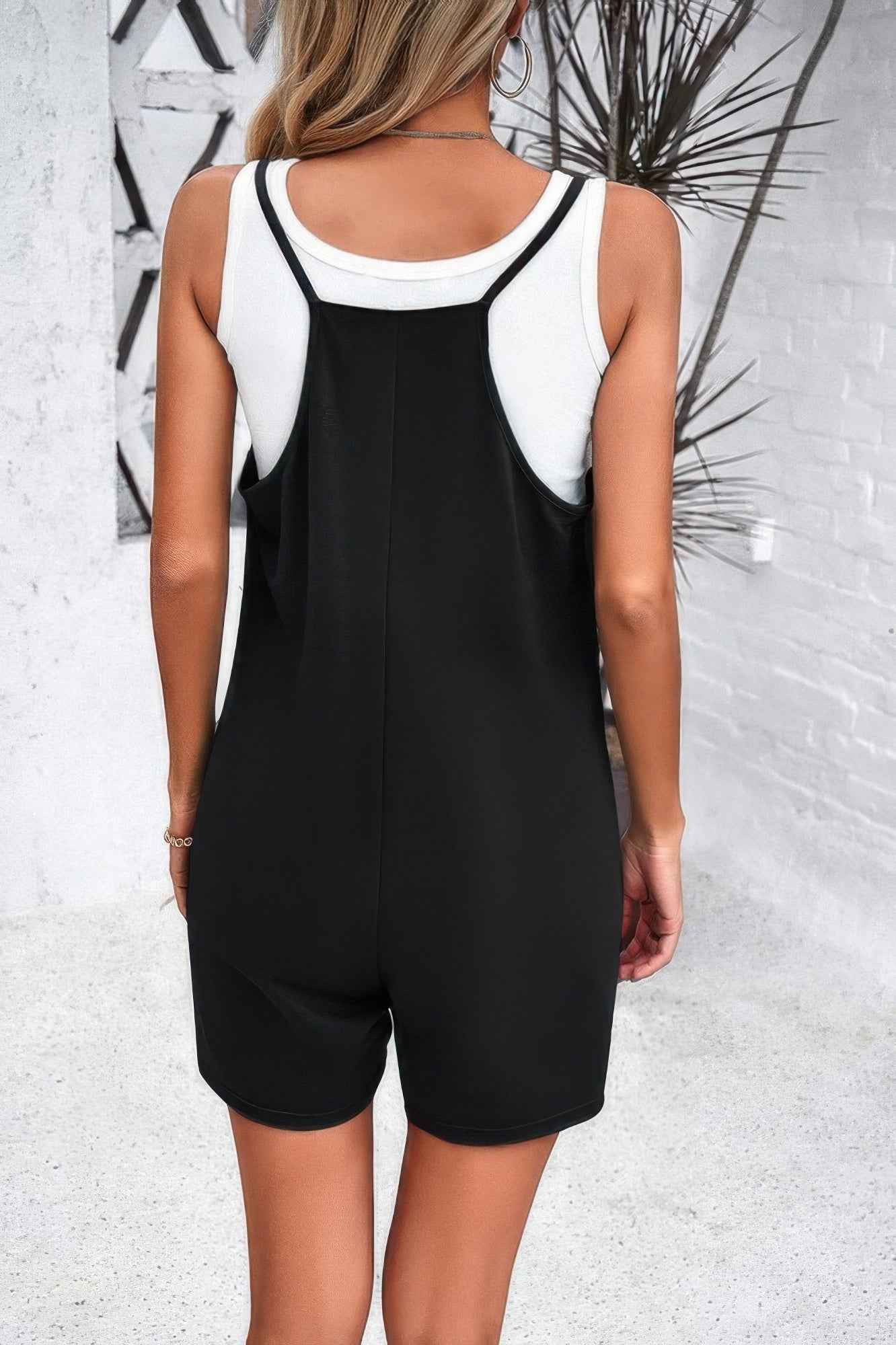 Scoop Neck Spaghetti Straps Loose Fit Solid Romper
