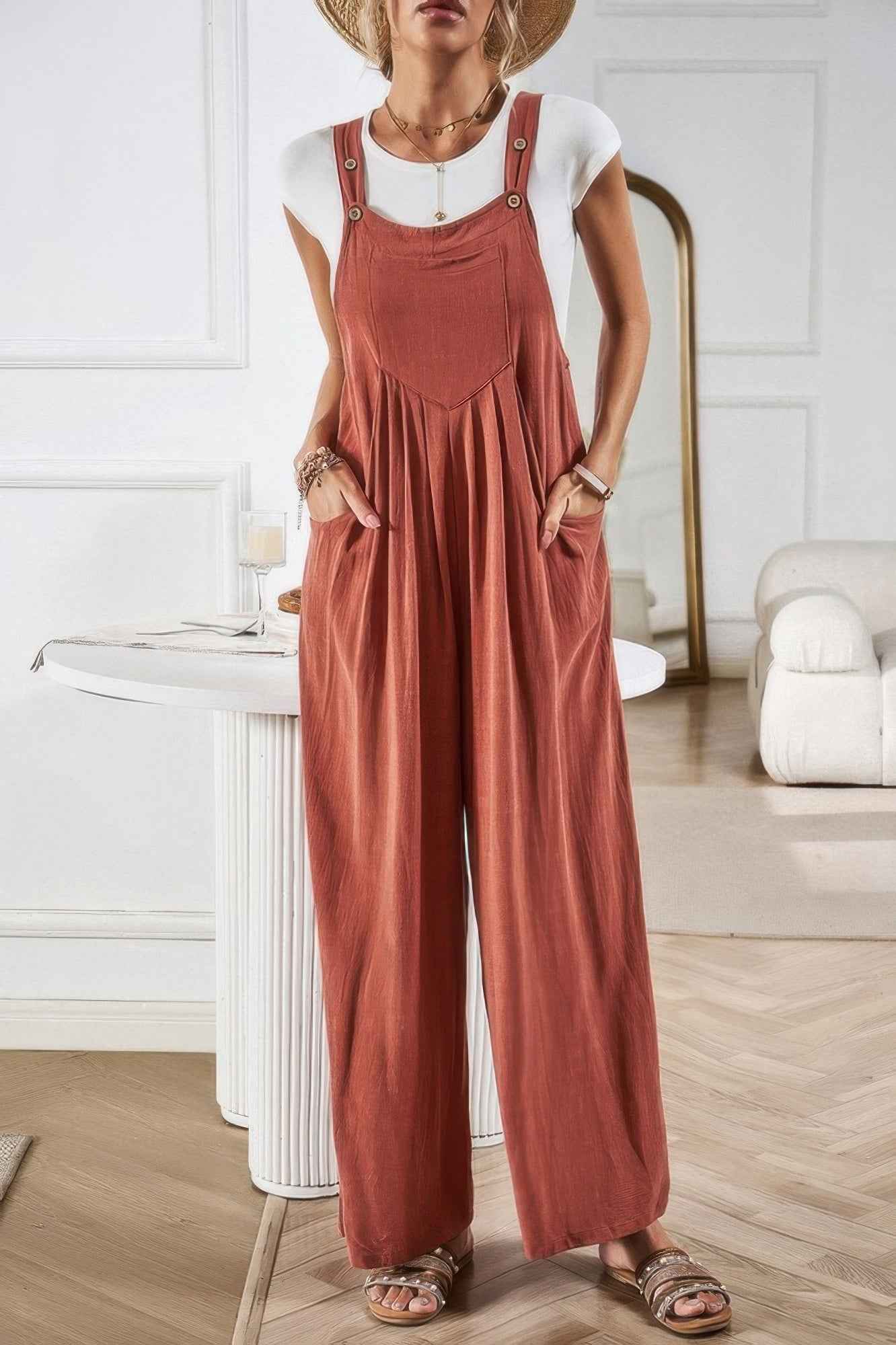 Button Detail Wide Leg Overall Pockets Jumpsuit