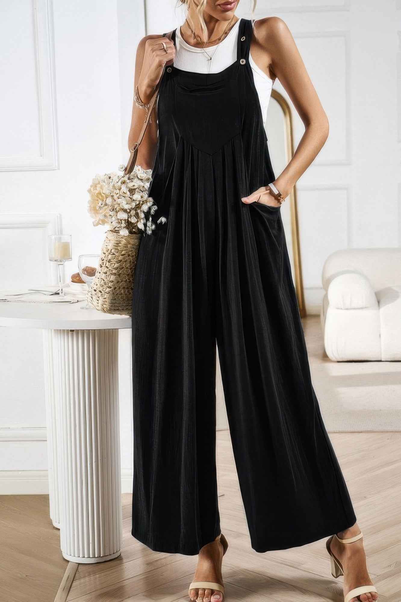 Button Detail Wide Leg Overall Pockets Jumpsuit
