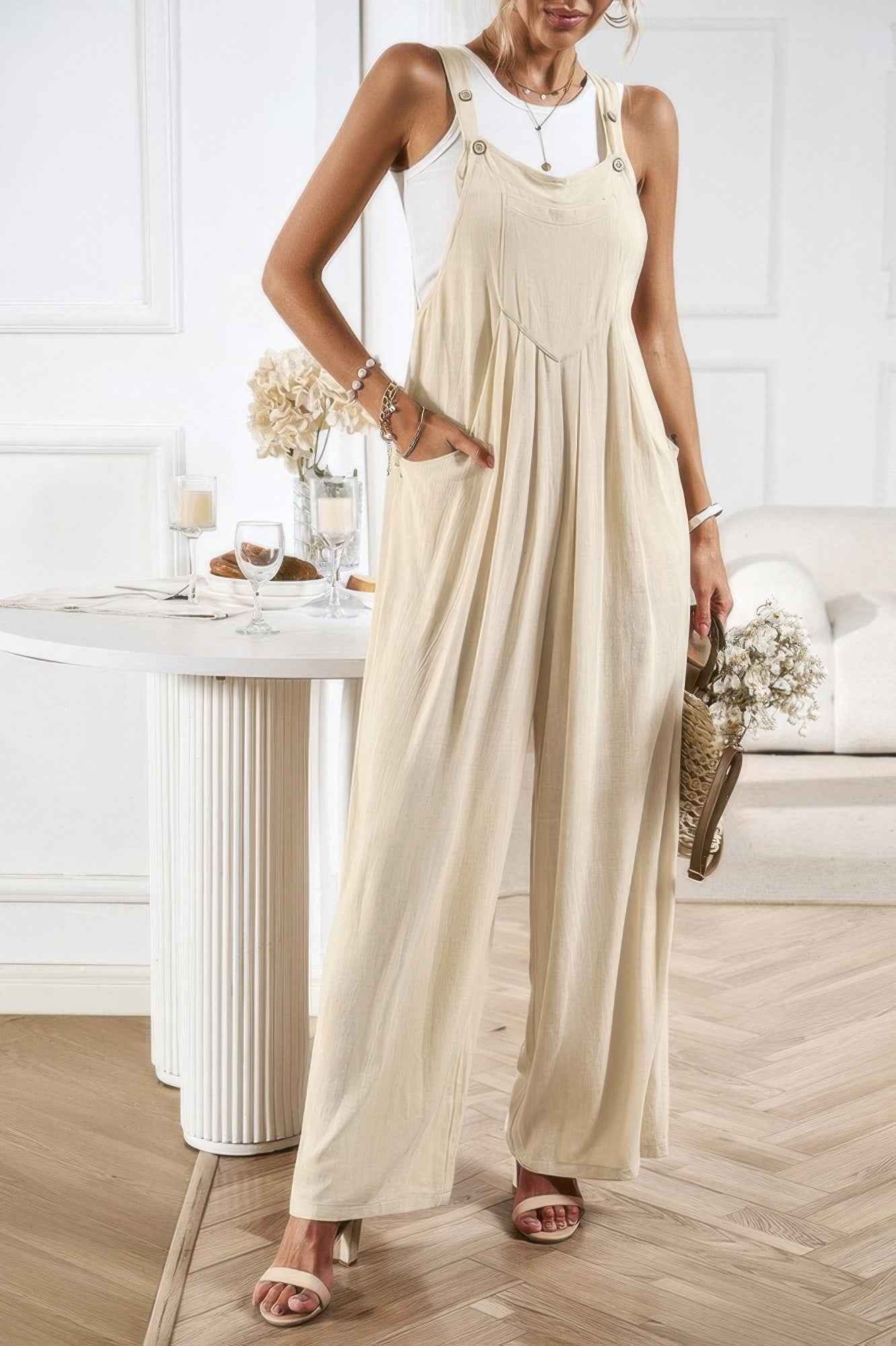 Button Detail Wide Leg Overall Pockets Jumpsuit