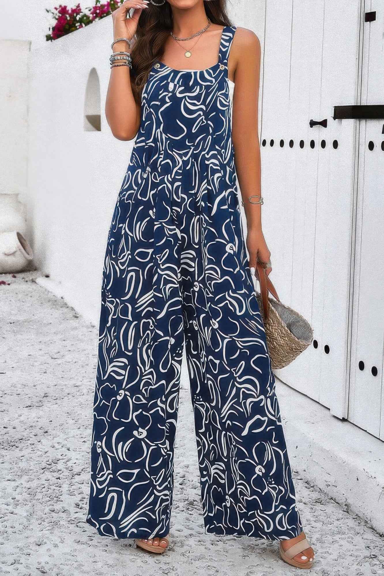 Geo Print Smocked Sleeveless Pockets Jumpsuit