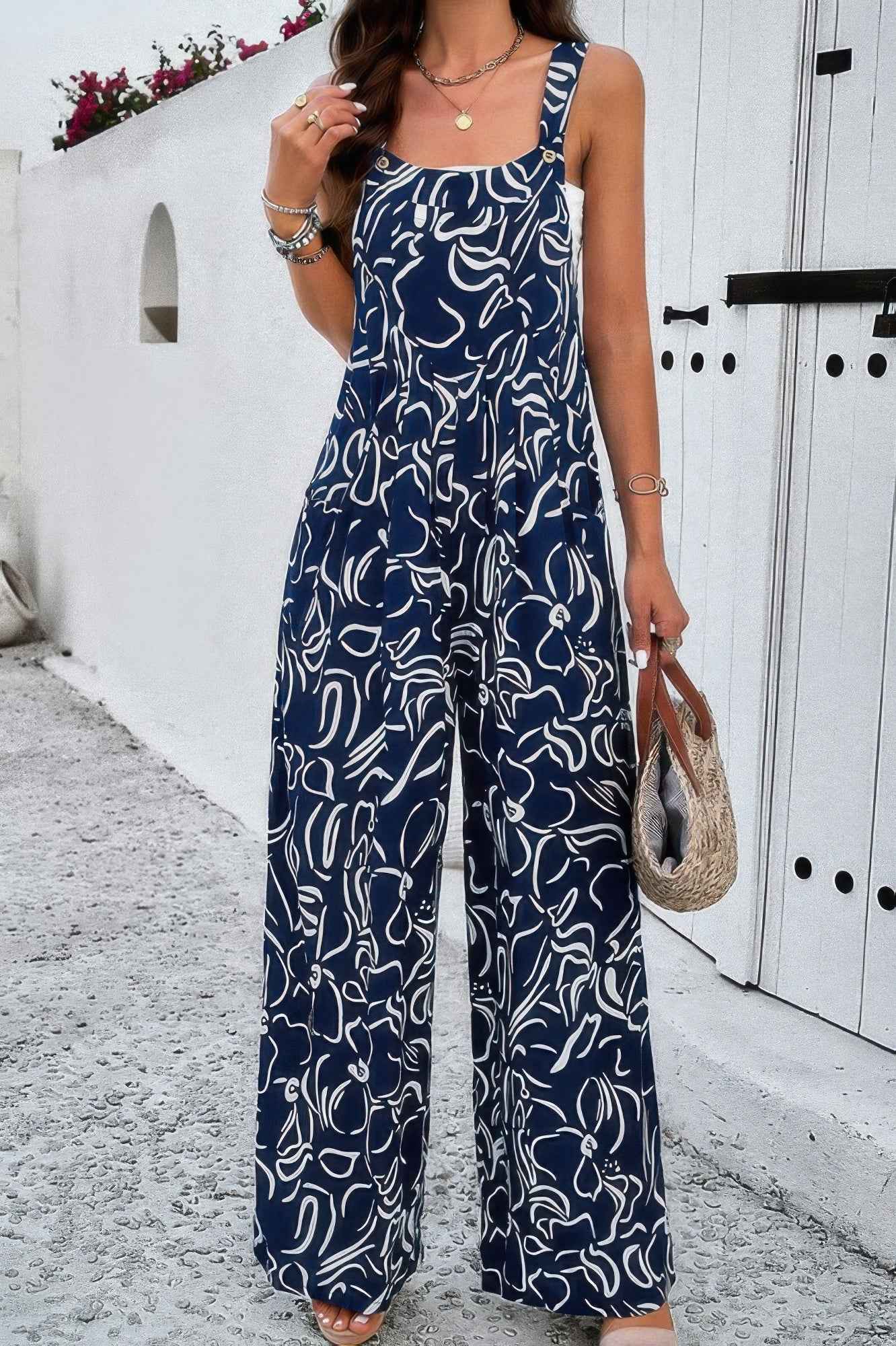 Geo Print Smocked Sleeveless Pockets Jumpsuit