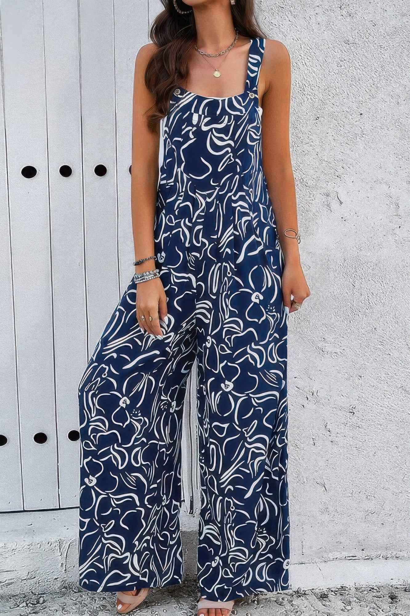 Geo Print Smocked Sleeveless Pockets Jumpsuit