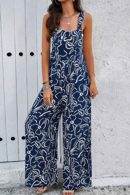 Geo Print Smocked Sleeveless Pockets Jumpsuit