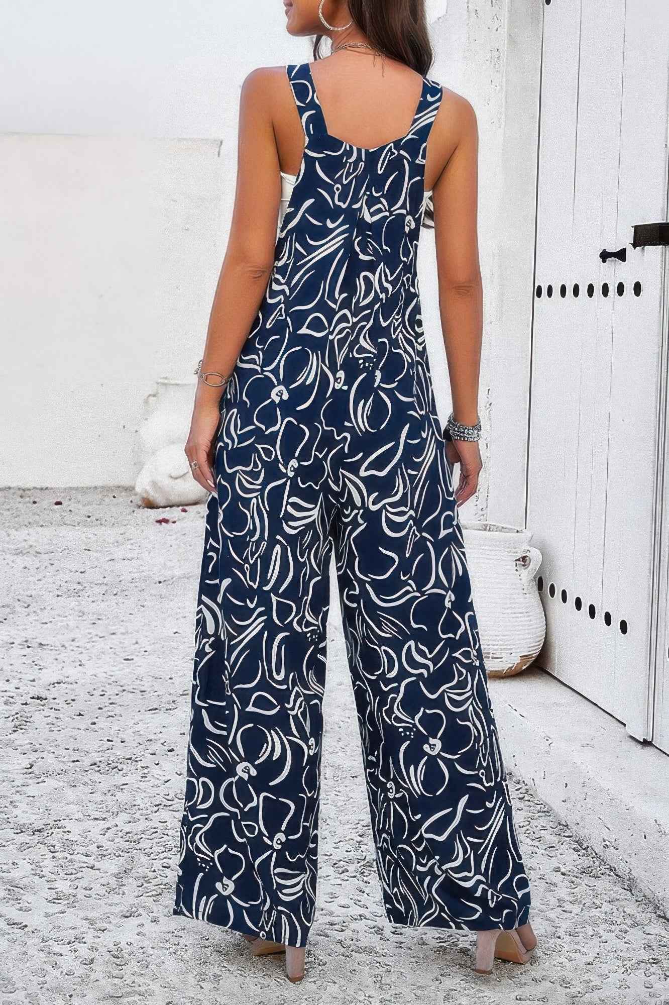 Geo Print Smocked Sleeveless Pockets Jumpsuit