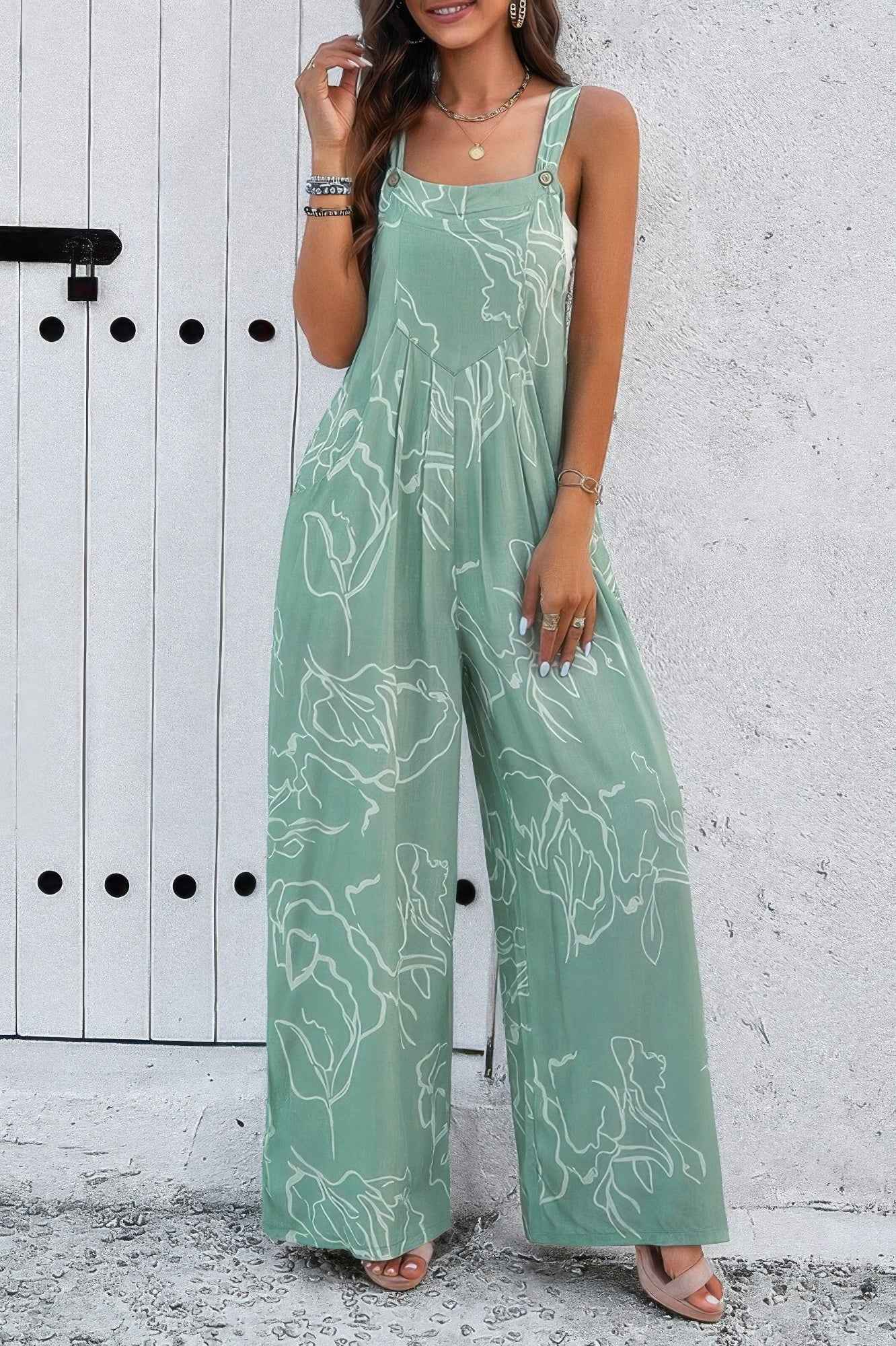 Geo Print Smocked Sleeveless Pockets Jumpsuit