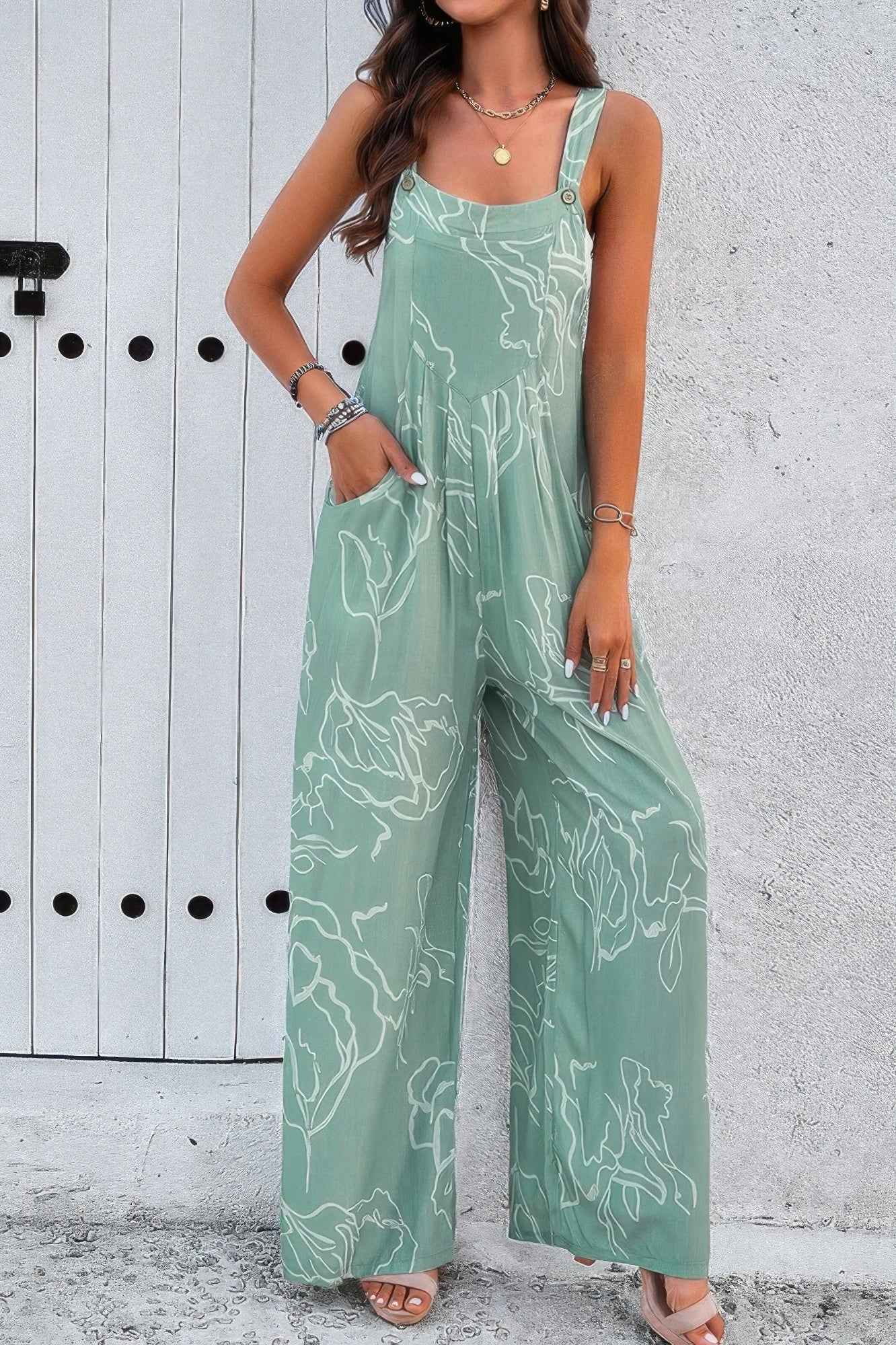 Geo Print Smocked Sleeveless Pockets Jumpsuit