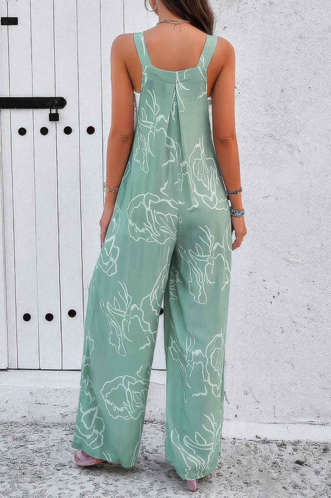 Geo Print Smocked Sleeveless Pockets Jumpsuit