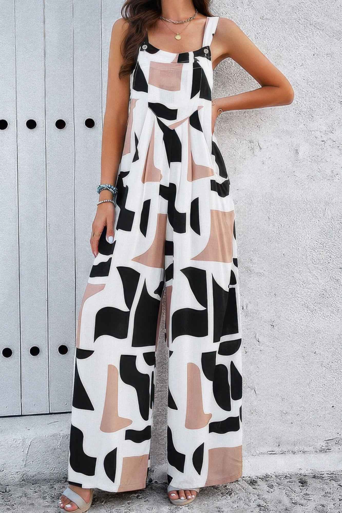 Geo Print Smocked Sleeveless Pockets Jumpsuit