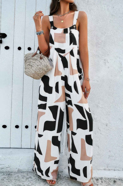 Geo Print Smocked Sleeveless Pockets Jumpsuit