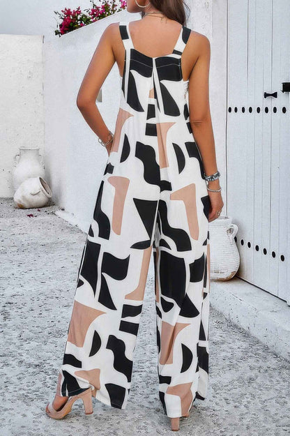 Geo Print Smocked Sleeveless Pockets Jumpsuit
