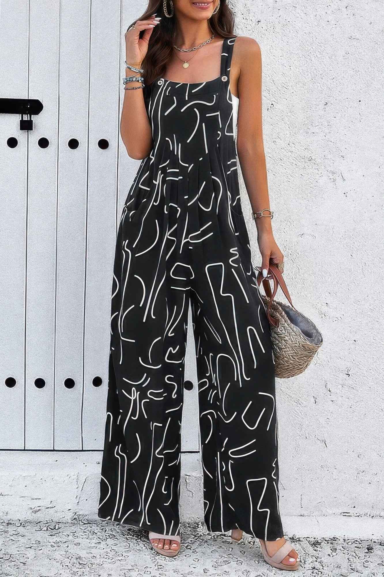 Geo Print Smocked Sleeveless Pockets Jumpsuit