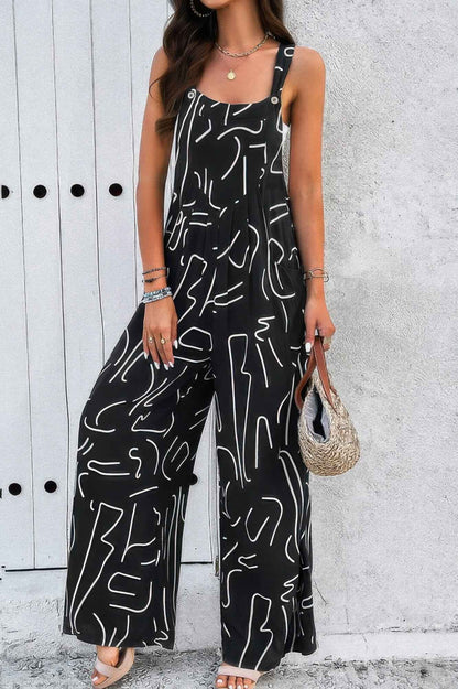 Geo Print Smocked Sleeveless Pockets Jumpsuit