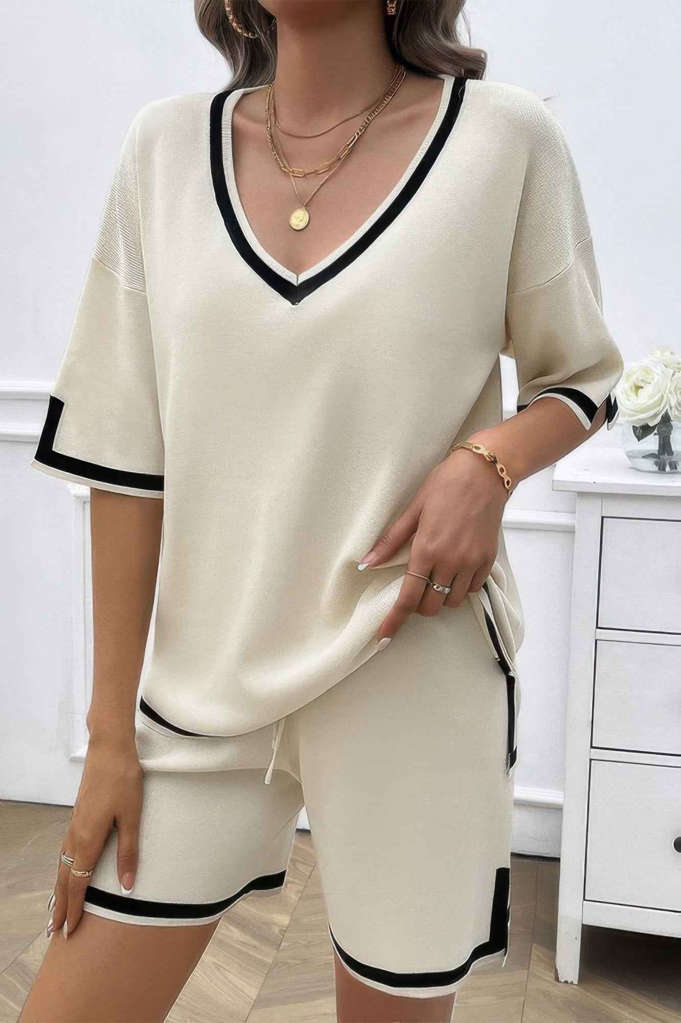 Knit Solid Deep V Neck Loose Drawstring Loose Set