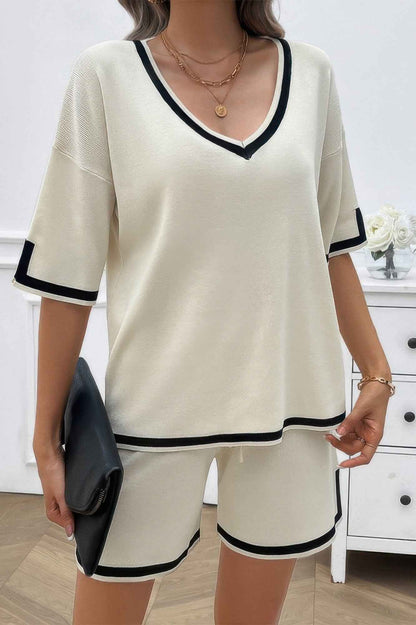 Knit Solid Deep V Neck Loose Drawstring Loose Set