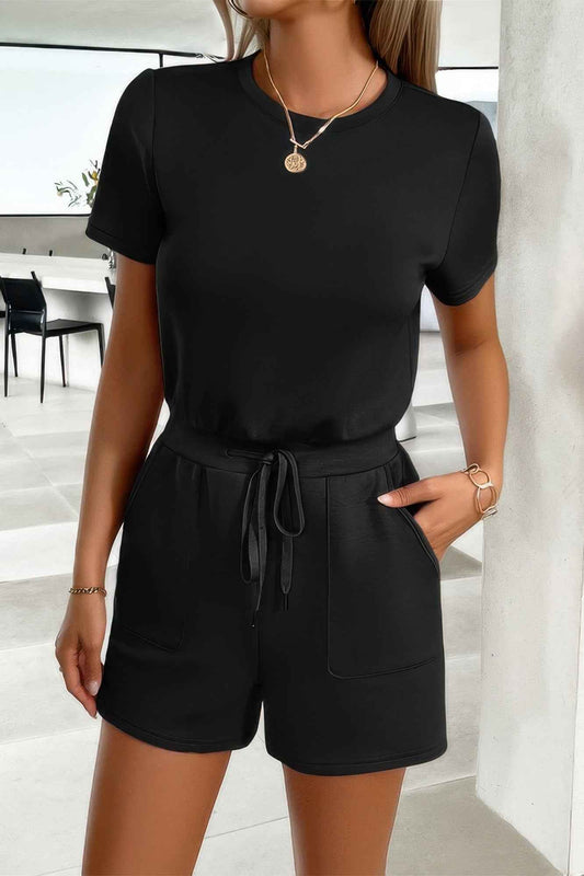 Round Neck Solid Drawstring Pockets Romper