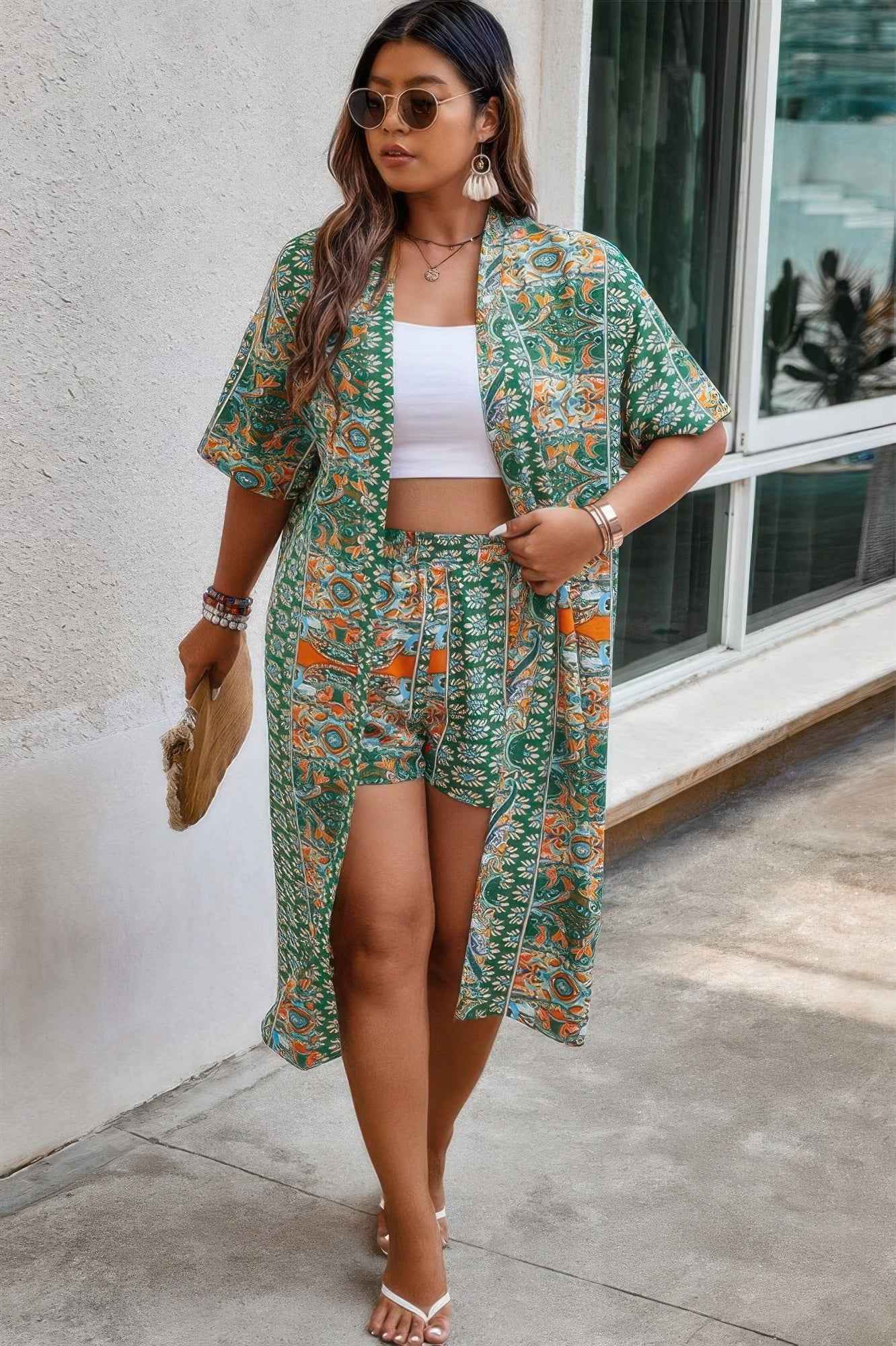 Plus Size Two Pieces Printed Elastic Waist Sets