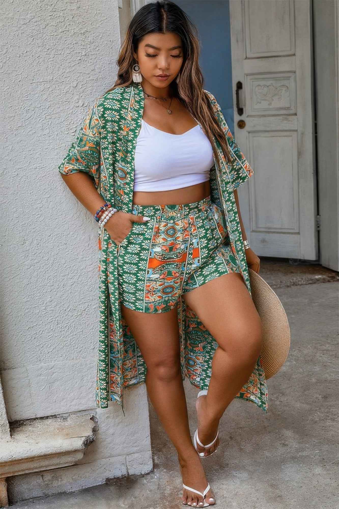 Plus Size Two Pieces Printed Elastic Waist Sets