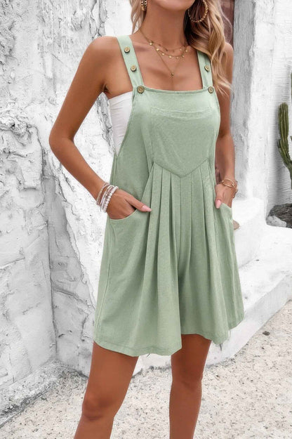 Square Neck Pockets Button Tirm Ruched Romper