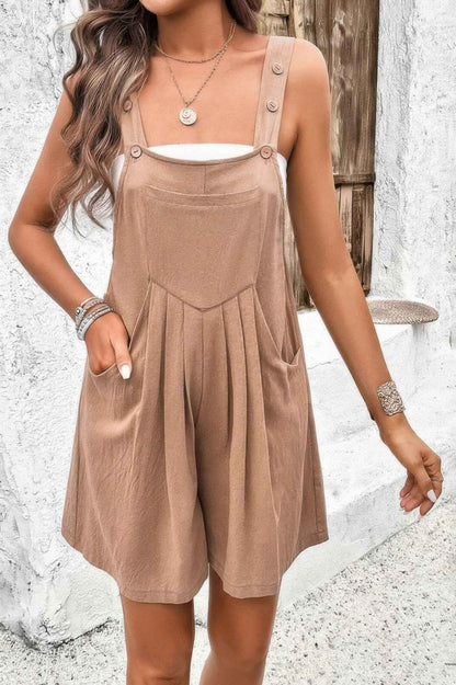 Square Neck Pockets Button Tirm Ruched Romper
