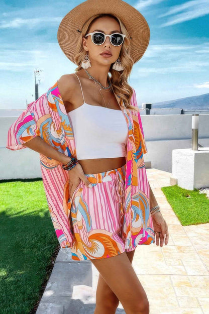 Graphic Print Drop Shoulder Blouse Tie Front Short
