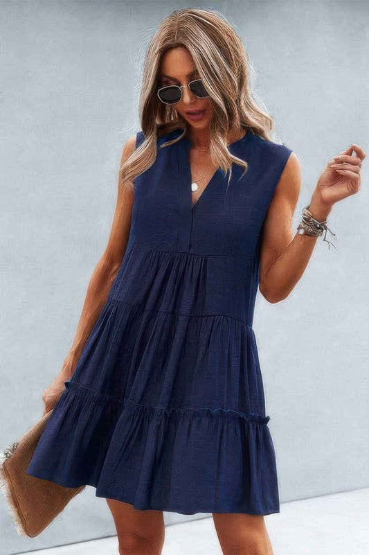 Solid V Neck Flat Collar Tiered Shift Dress