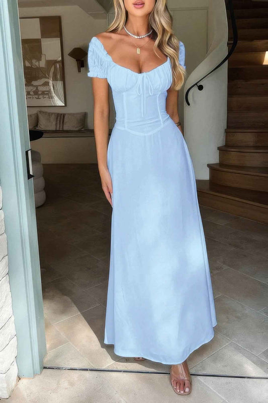 Deep Square Neck Drawstring Back Fit Dress