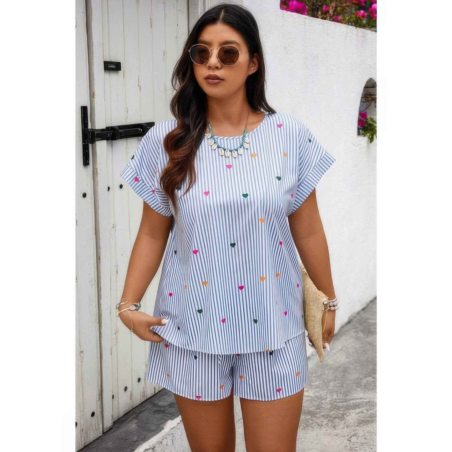 Plus Size Two Pieces Strip Hear Print Loose Sets