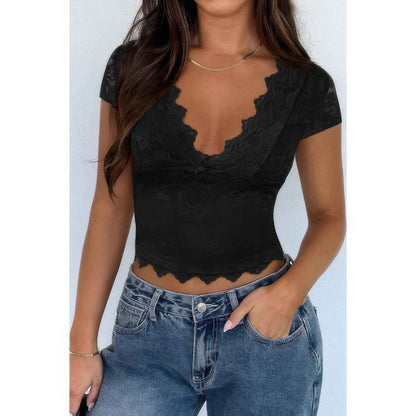 Solid Color Block V Neck Lace Trim Fit Shirt