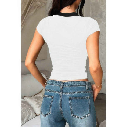 Color Block Polo Collar V Neck Slim Fit Shirt