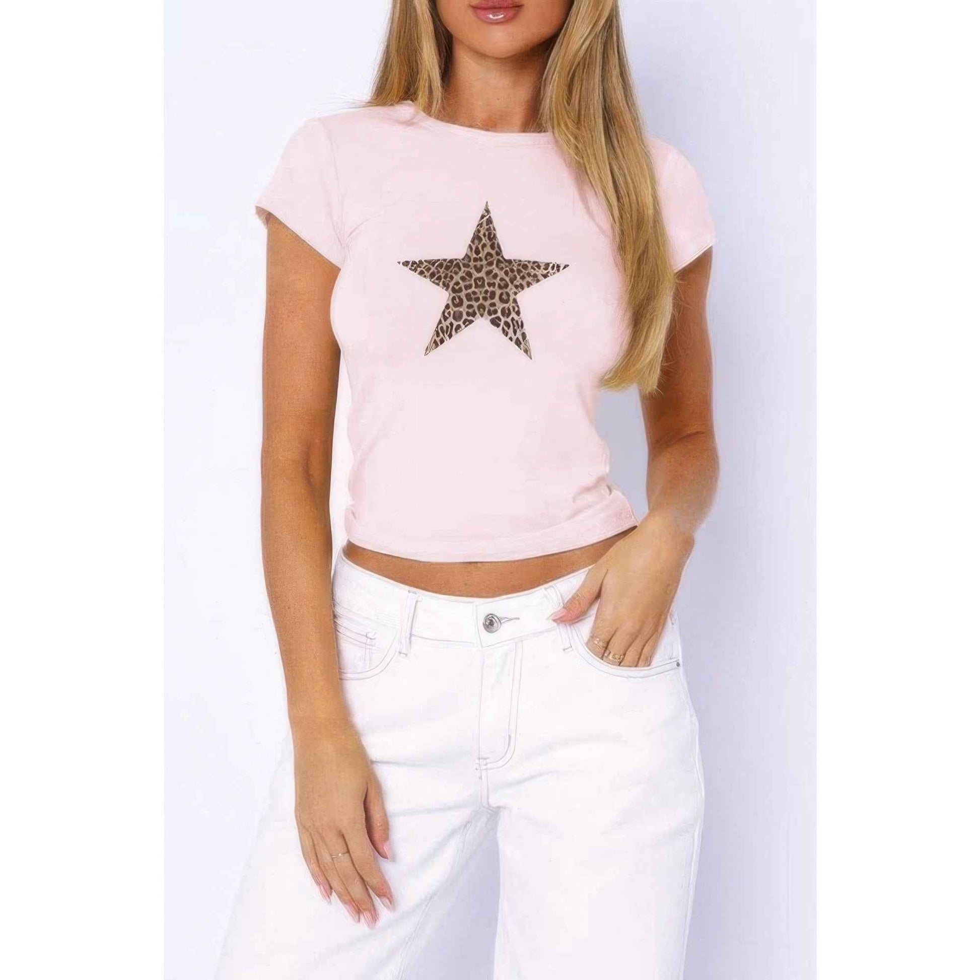 Leopard Print Star Crew Neck Slim Fitted Shirt