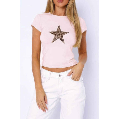 Leopard Print Star Crew Neck Slim Fitted Shirt