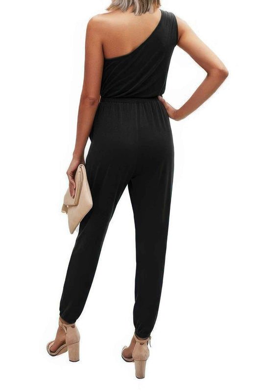 One Shoulder Sleeveless Elastic Waist Jumpsuit