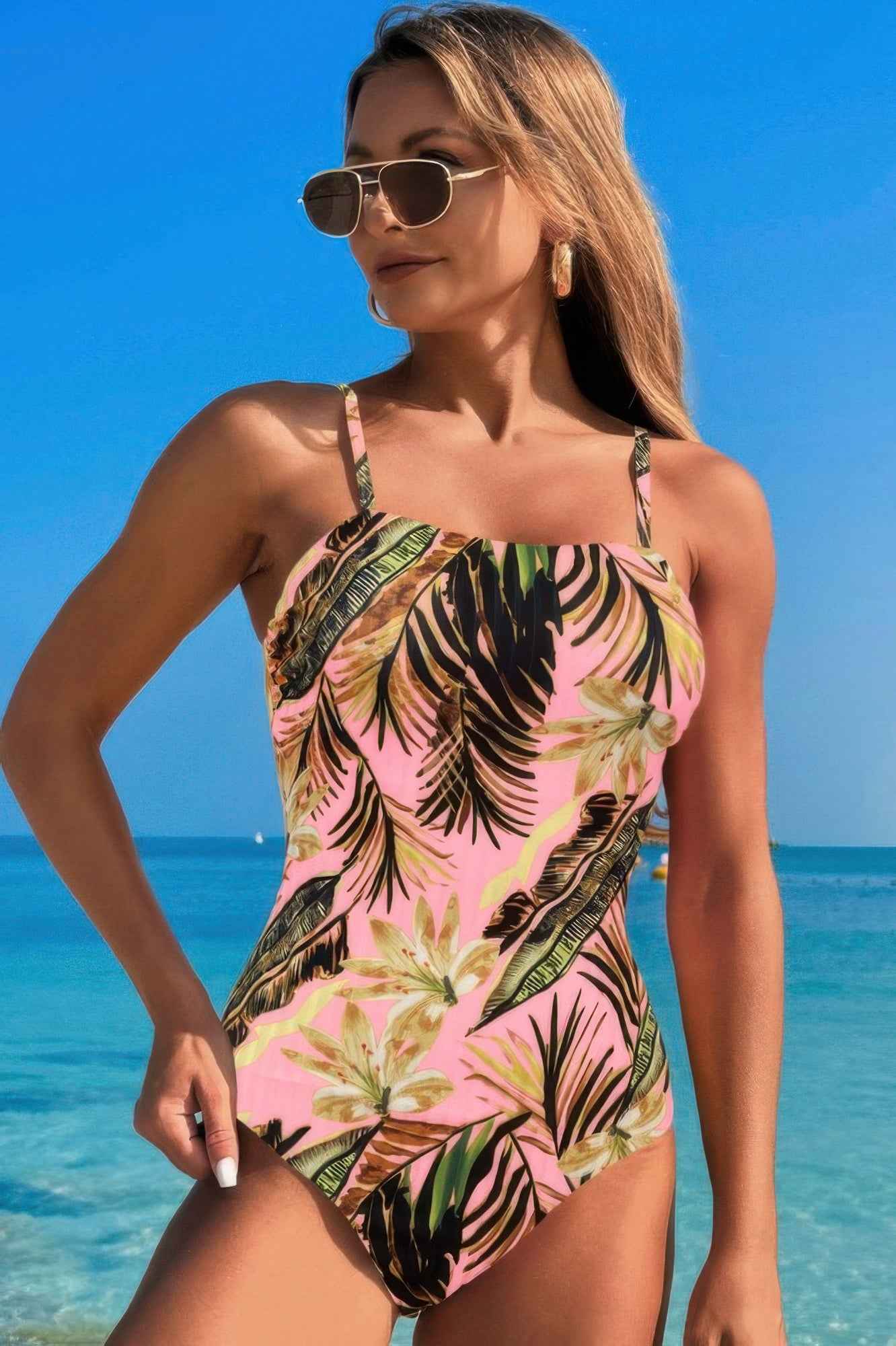 Plant Printed Adjustable Spaghetti Strap Swimsuit