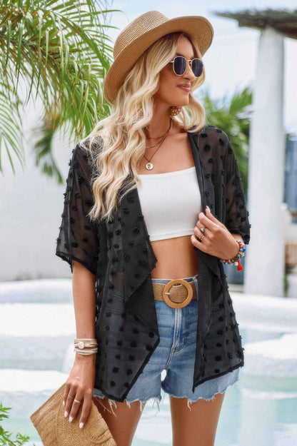 Draped Collar Swiss Dot Cover Up Cardigan Top