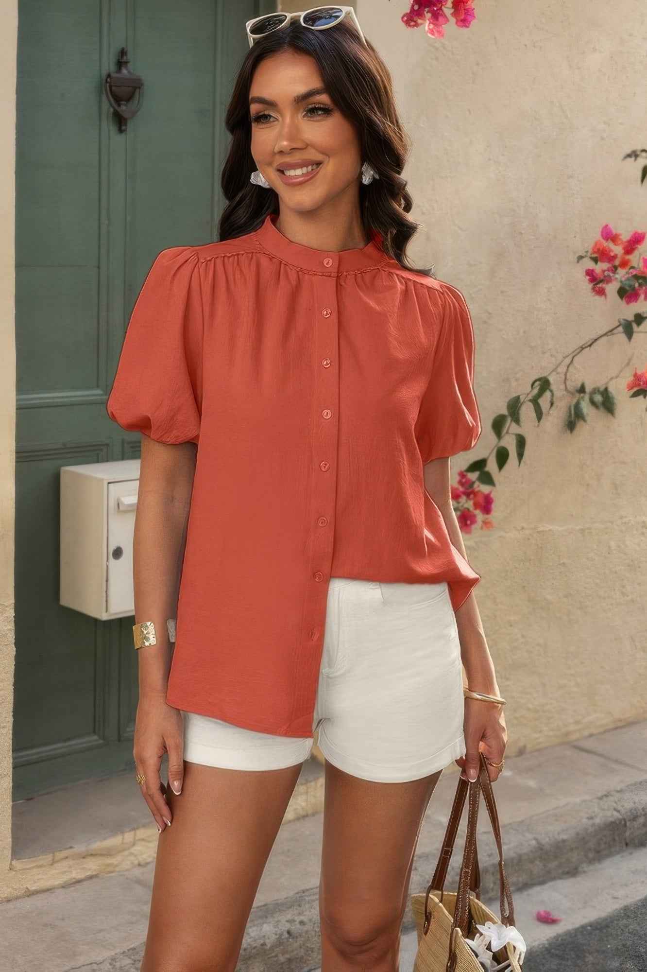 Button Down Lantern Puff Short Sleeve V Neck Top