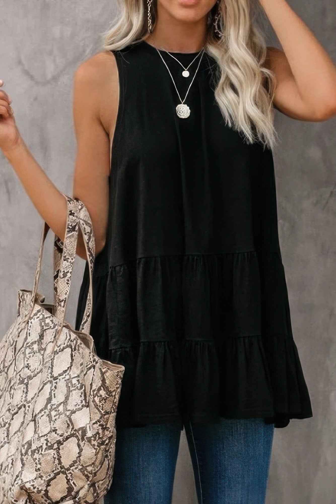 Sleeveless Loose Ruffle Hem Flared Tunic Top