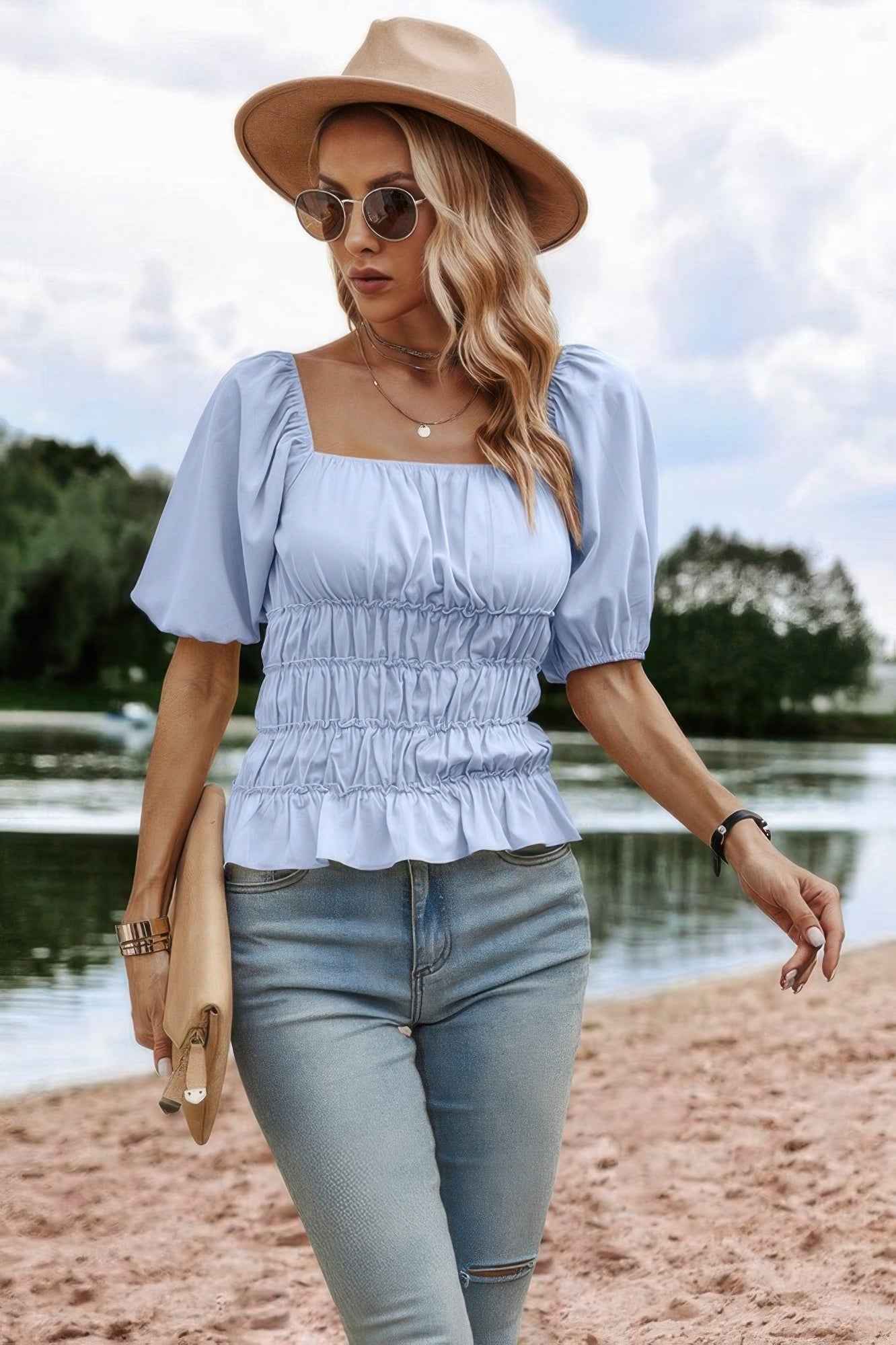 Solid Square Neck Shirred Flounce Sleeve Peplum Blouse