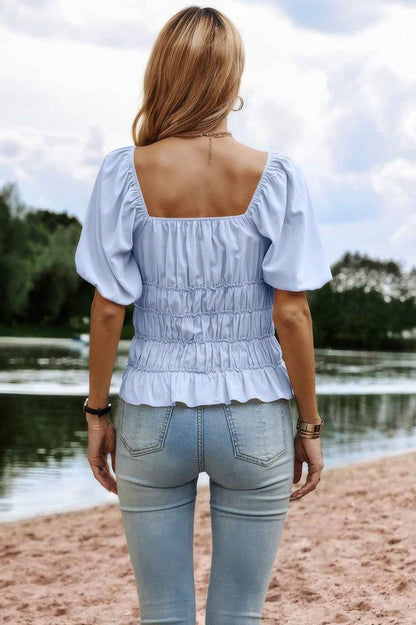 Solid Square Neck Shirred Flounce Sleeve Peplum Blouse
