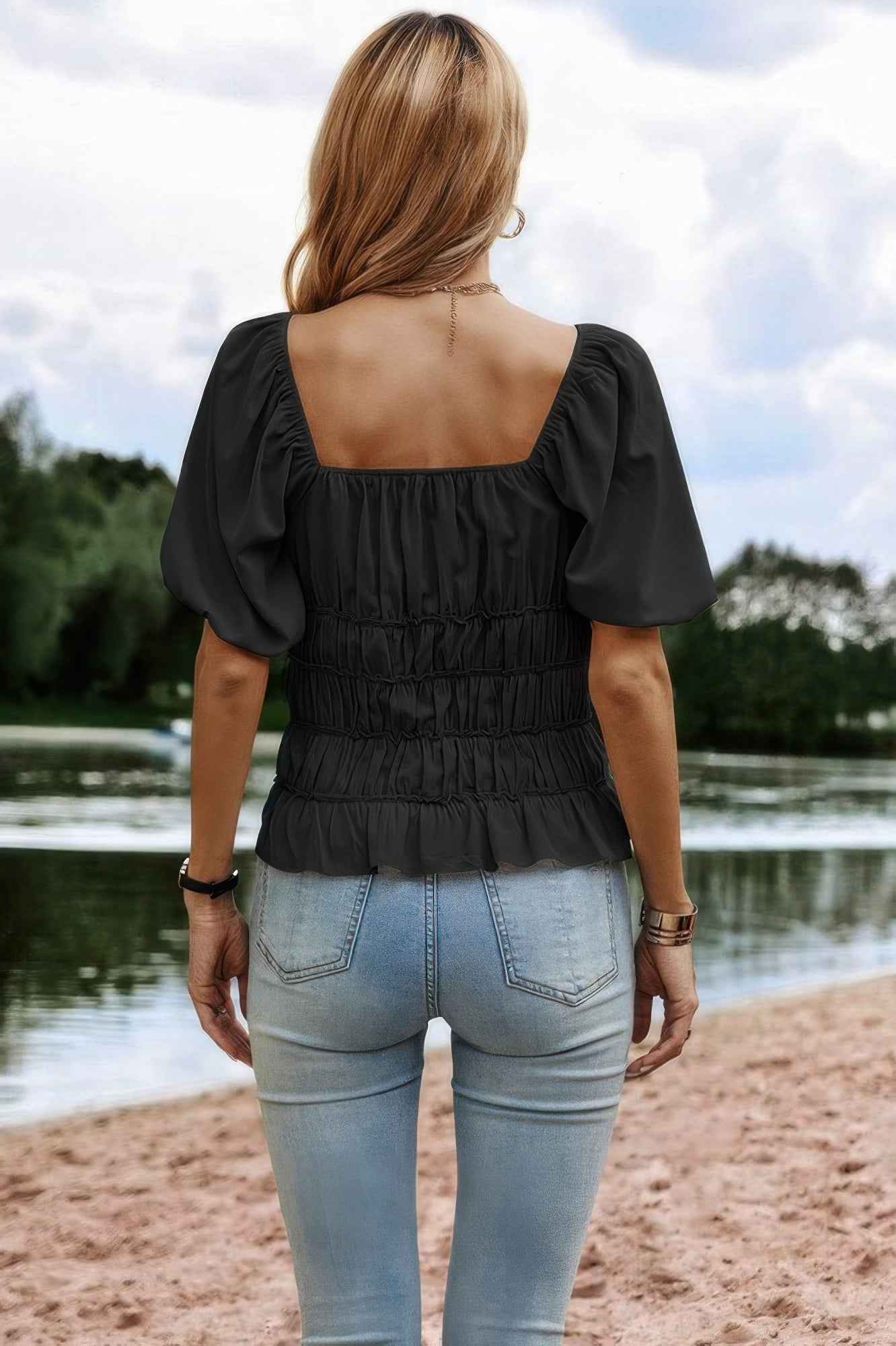 Solid Square Neck Shirred Flounce Sleeve Peplum Blouse