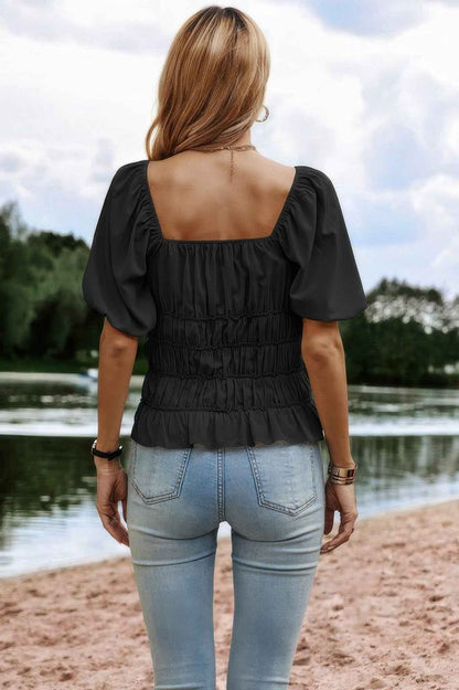 Solid Square Neck Shirred Flounce Sleeve Peplum Blouse