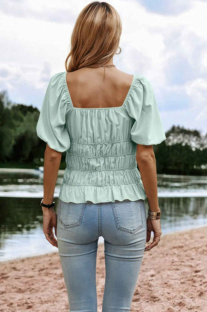 Solid Square Neck Shirred Flounce Sleeve Peplum Blouse