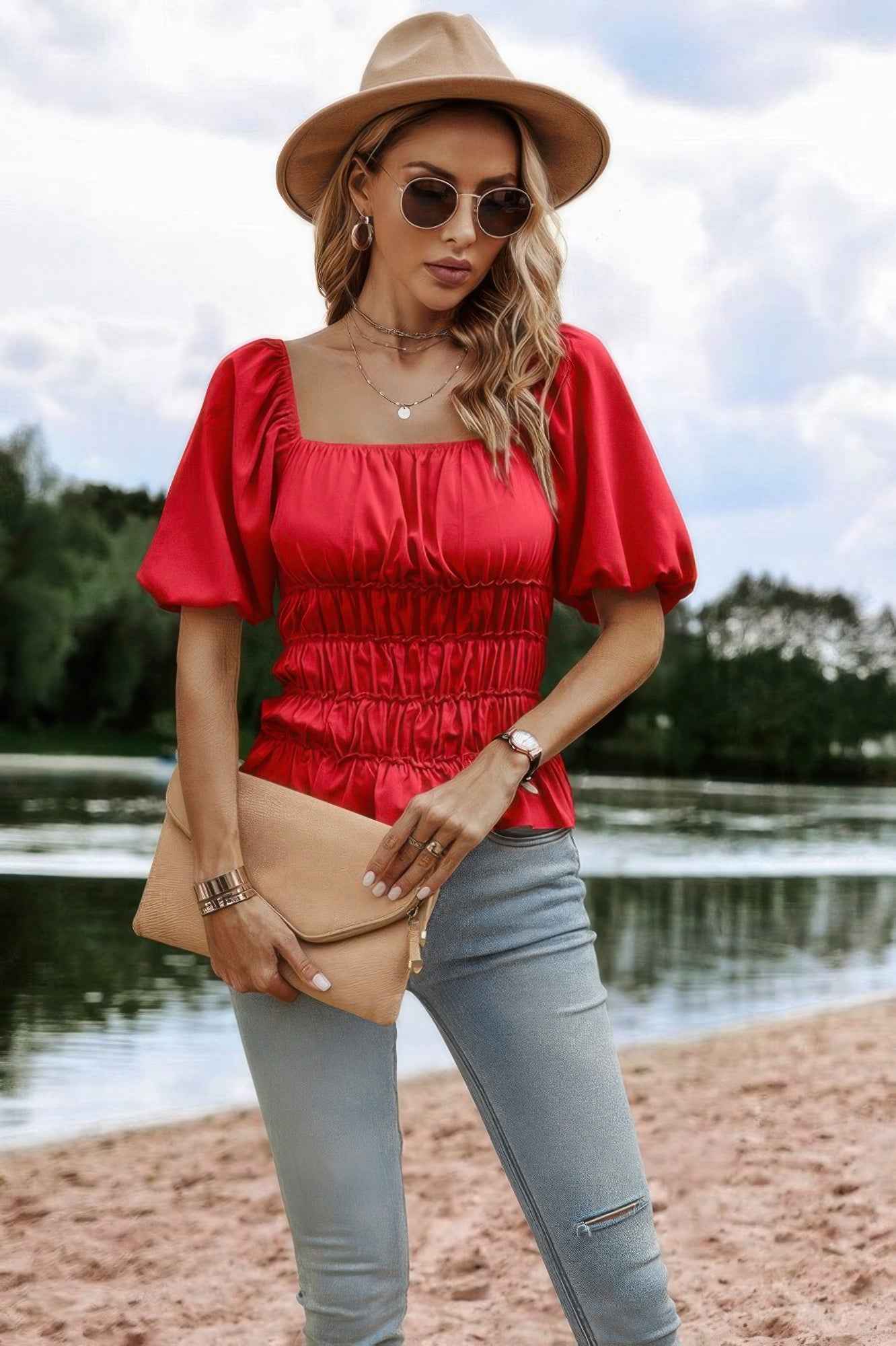 Solid Square Neck Shirred Flounce Sleeve Peplum Blouse