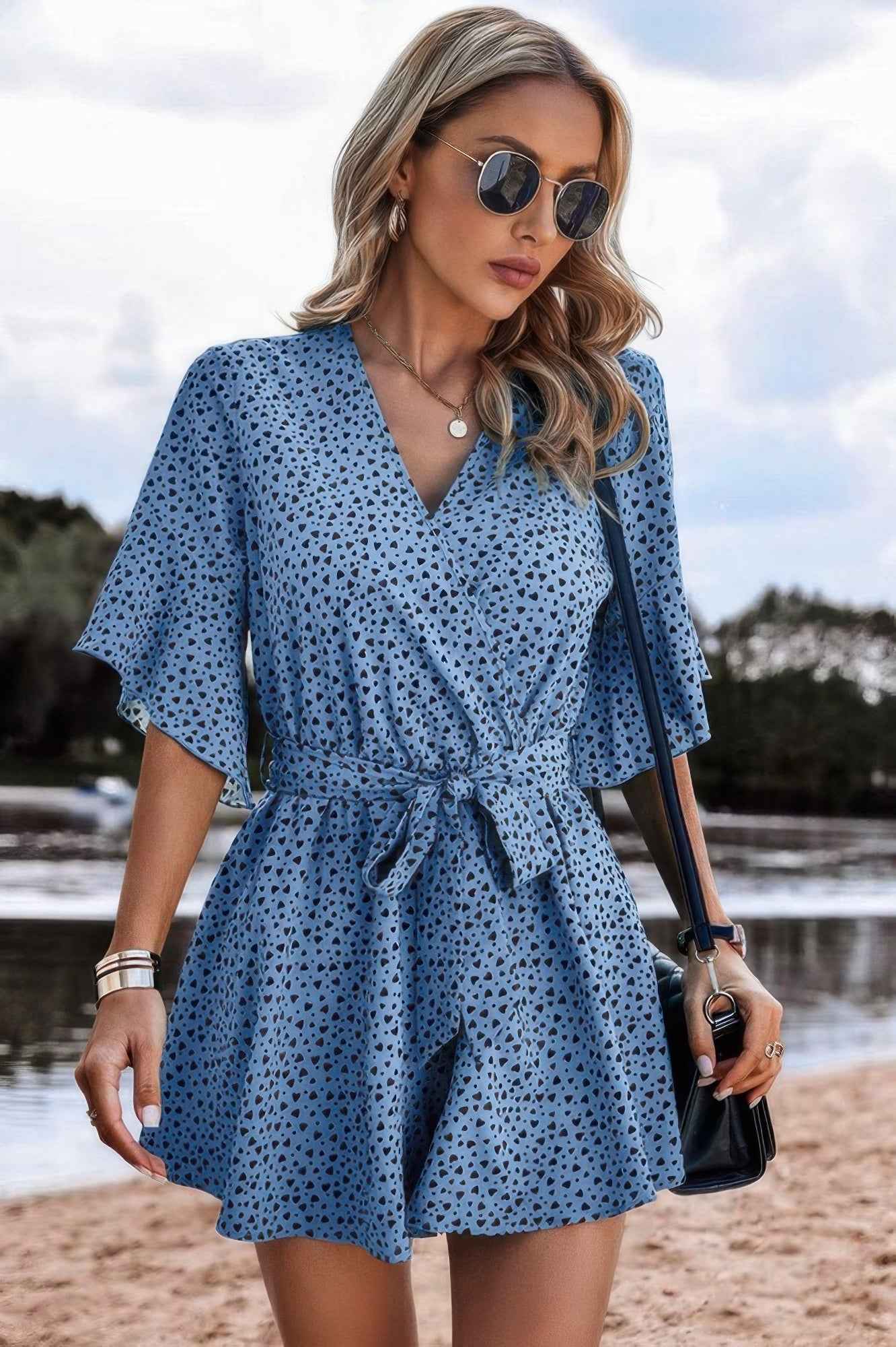 V Neck Ruffled Belted Flared Hemmed Romper