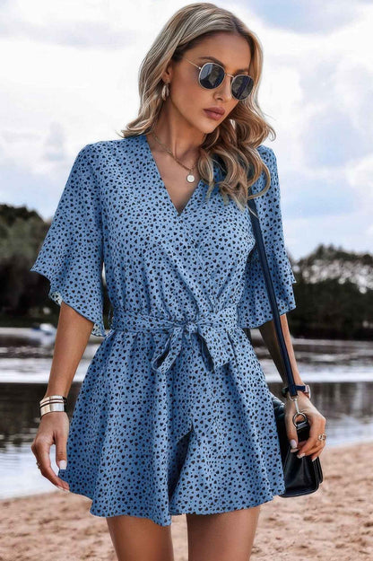 V Neck Ruffled Belted Flared Hemmed Romper