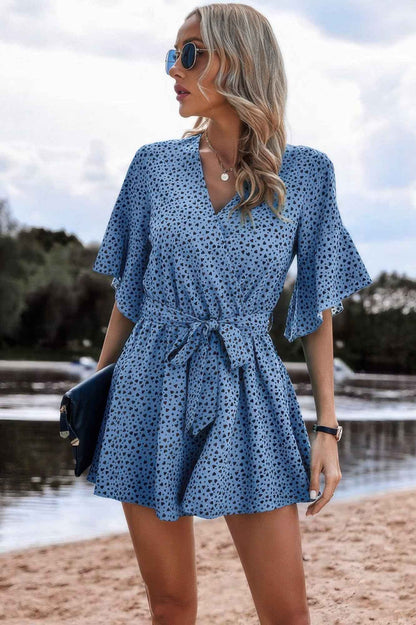 V Neck Ruffled Belted Flared Hemmed Romper