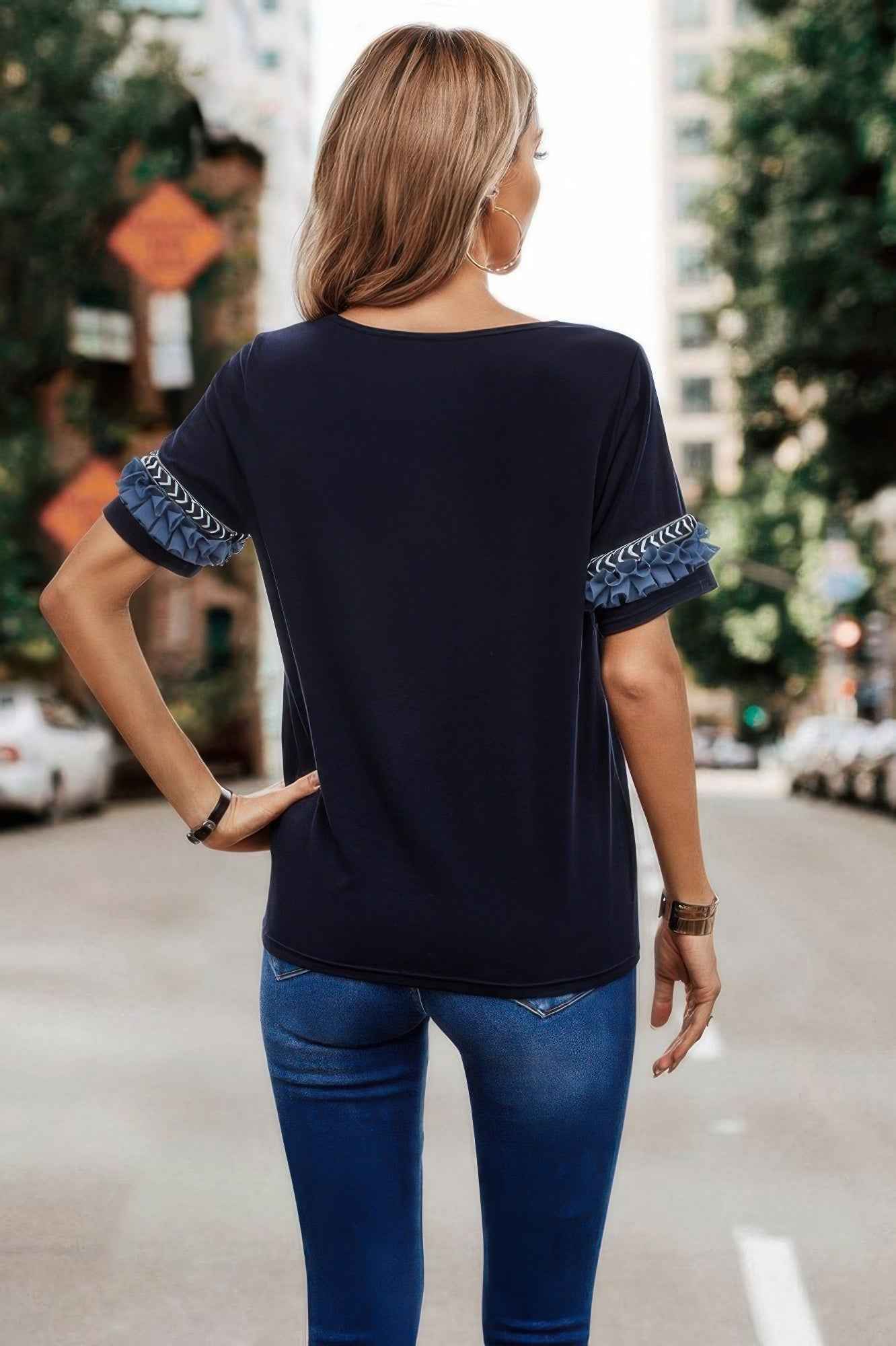 Round Neck Loose Fit Frill Trim Tee